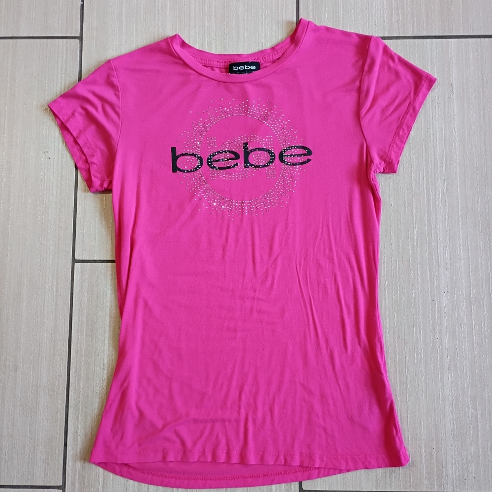 bebe Neon Pink Short Sleeve Tee with Rhinestone Logo - Picture 5 of 7